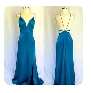 Aidan Mattox Women's Dress Size 12 Blue Satin Backless Long Evening Gown $195